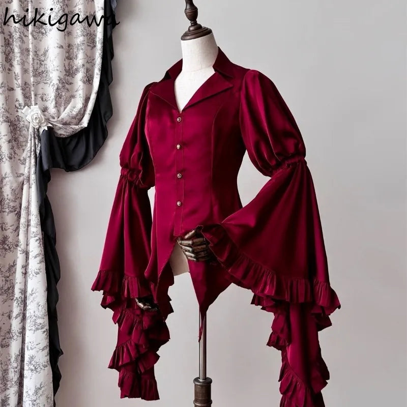 2025 Camisas De Mujer Vintage Blouses Women's Clothes Temperament Lady Tops Japanese Shirt Flare Sleeve Goth Slim Fit Blouse
