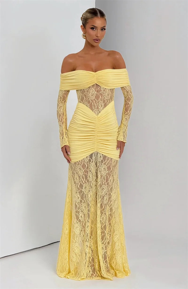 Mozision Off-shoulder Long Sleeve Sexy Maxi Dress Women Fashion Lace See Through Strapless Backless Bodycon Club Party Dresses