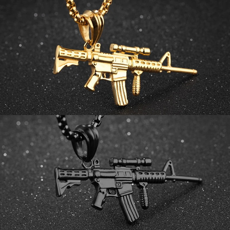 Men's Machine Gun Pendant Necklace Hip Hop Punk Black Gold Color Stainless Steel Chain Retro Accessories Hippie Rapper Jewelry