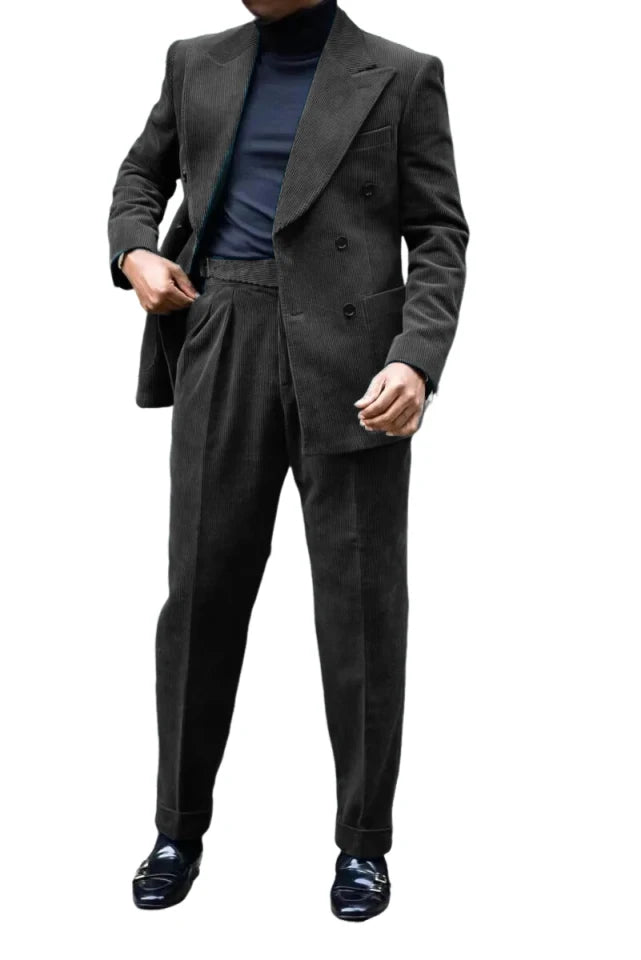 Autumn Winter Corduroy Men's 2 pieces suit Man blue suit Jacket suit Pants Suit Thick top for Wedding Banquet Business