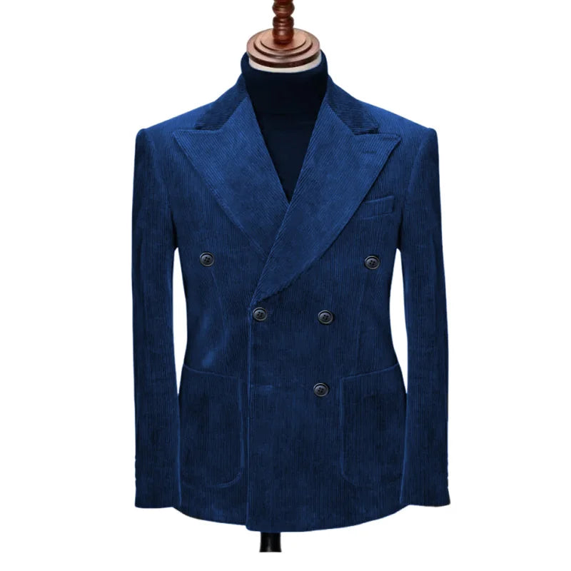 Autumn Winter Corduroy Men's 2 pieces suit Man blue suit Jacket suit Pants Suit Thick top for Wedding Banquet Business