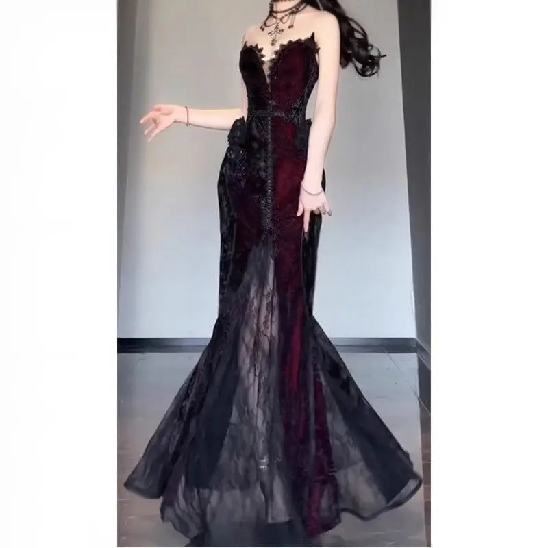 Summer Gothic Grunge Y2k Lace Dress Women Dark Academia Sexy Slim Party Dresses Korean Fashion Design Festival Long Prom Dress