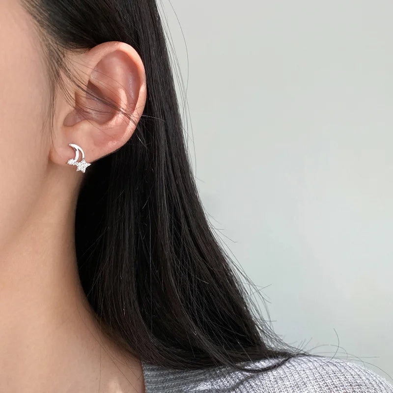 SOFTPIG Real 925 Sterling Silver Zircon Star Moon Stud Earrings For Women Classic Fine Jewelry Minimalist Accessories