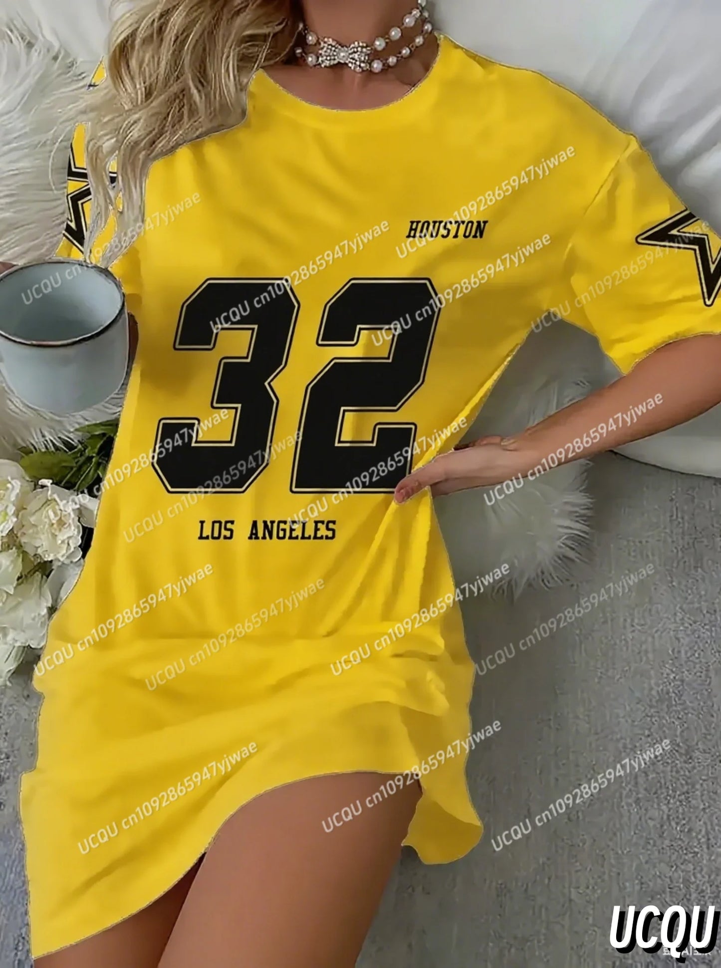 2025 Summer Women HUSTON 32 T-Shirt Dress Loose Casual O-Neck Lady Short Sleeve Pullover Dresses Women Clothing