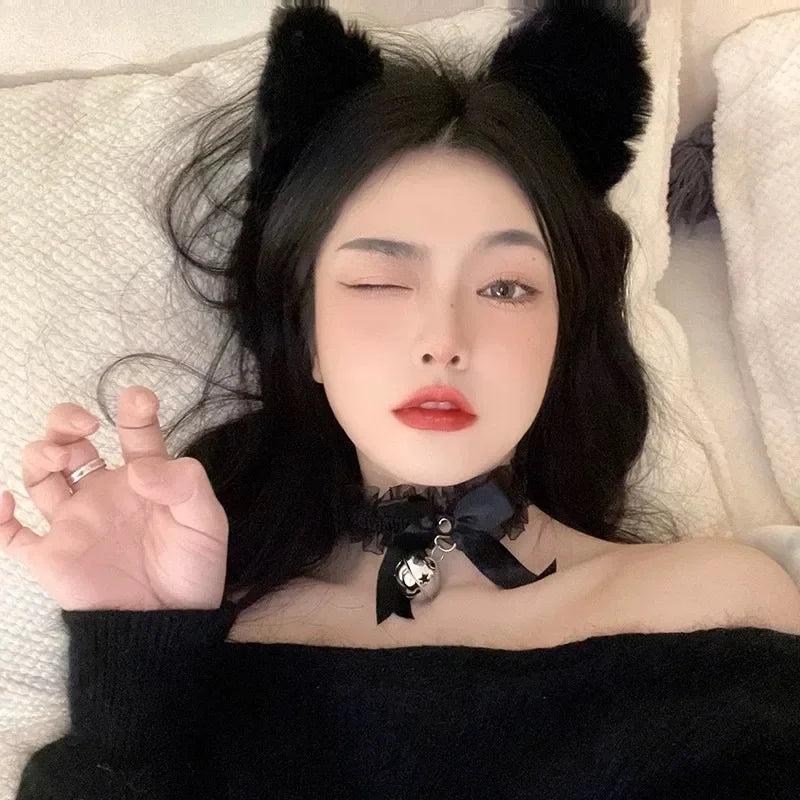 2Pcs Sexy Cat Ears Women Plush Bell Headband with Bell Heart Neckchain Cosplay Masquerade-Party Costume Hair Accessories