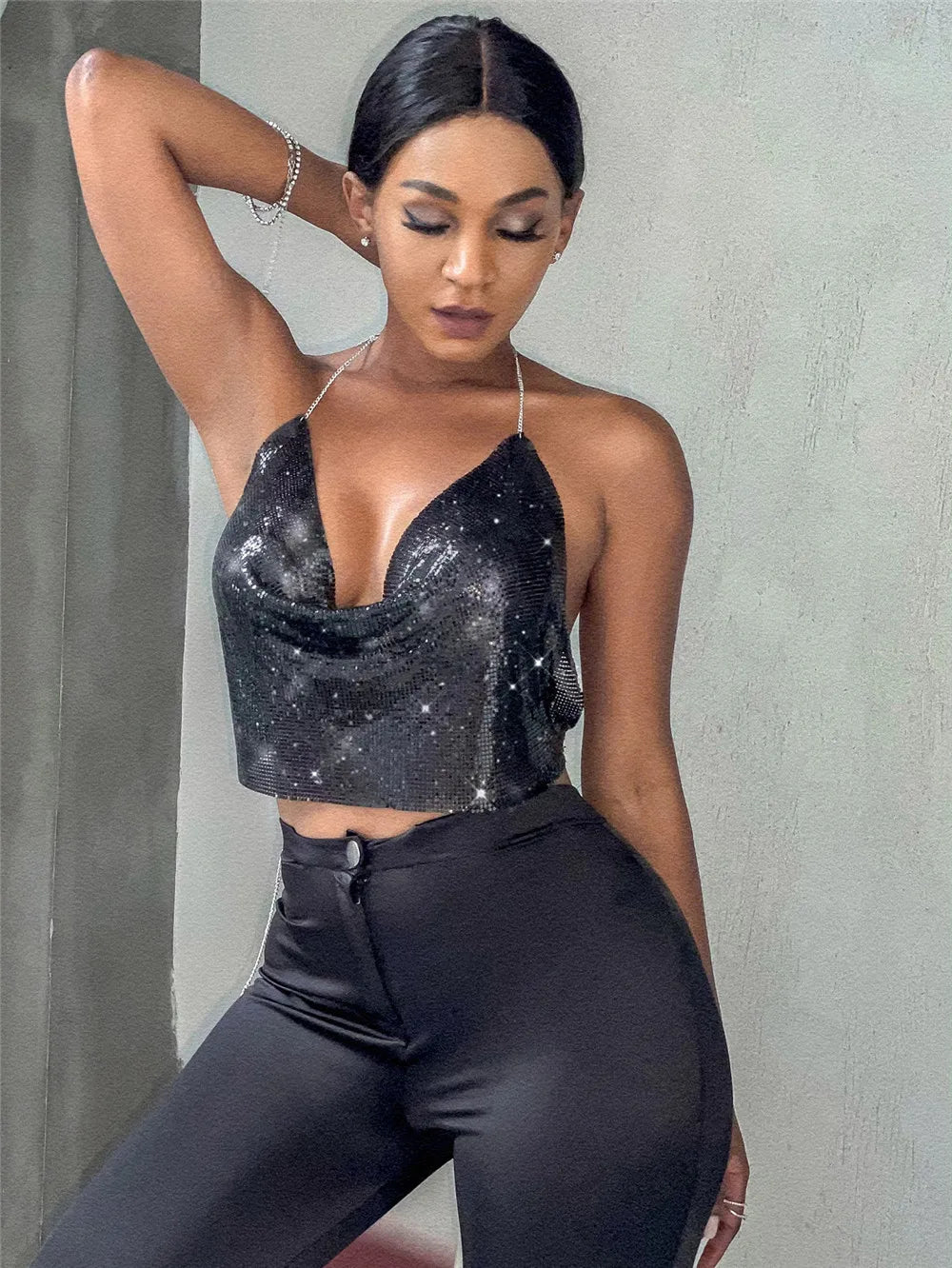 Women's Sexy Metal Sequins Open Back Chain Sling Vest Top Sexy Nightclub Party Tank Tops 