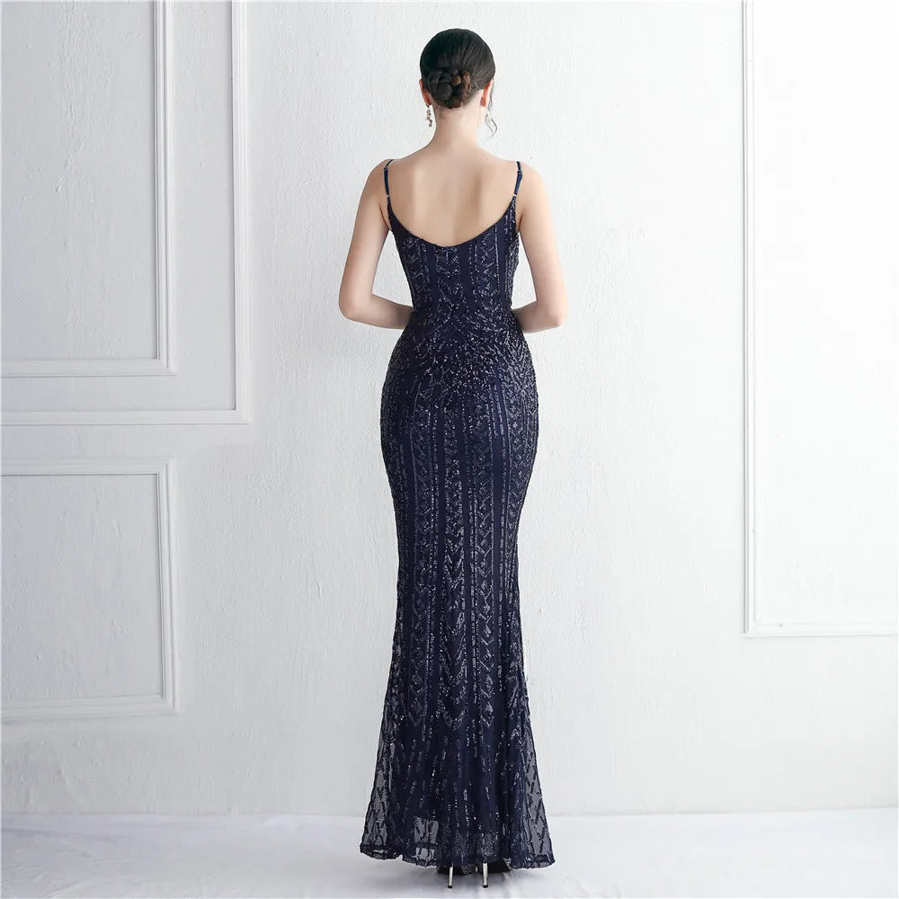 Women's Black Long Sleeve Padded Strap Sequin Dress Length, Sparkles Stretch, V Neck Mermaid, Formal Evening Dress, Night Party