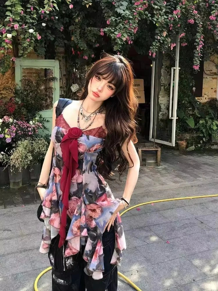 Sweet Print Slim Camisole Summer High Street Coquette Asymmetrical Tees New American Style Sexy Gyaru Halter Top Women Design