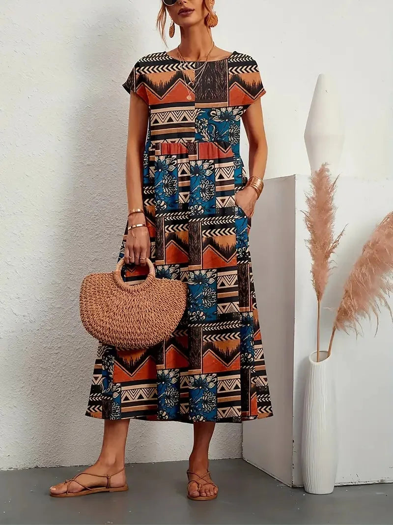 Fashion Women's Cotton and Linen Dress, Round Neck Printed Short Sleeved A-line Maxi Skirt, Unique Floral Long Dresses Vestidos