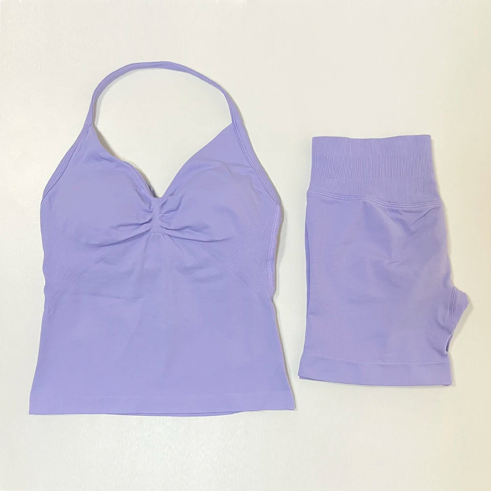 2pcs Gym Set Women Backless Tank Top and Scrunch Seamless Yoga Shorts Suits Fitness Yoga Set Activewear Workout Sets Sports Suit
