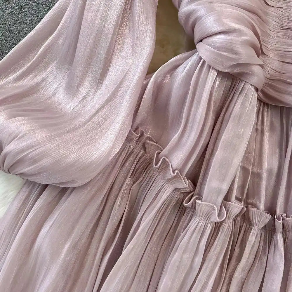Elegant Long Sleeve Midi Party Dresses Women Summer Autumn Bright Faux Silk Retro Solid Evening Party Vestidos