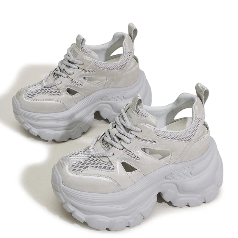 AUTUSPIN 9cm ハイプラットフォーム レディースサンダル 夏ファッション スポーツスタイル ホロウアウト サンダル 女性用 通気性メッシュシューズ 34-39