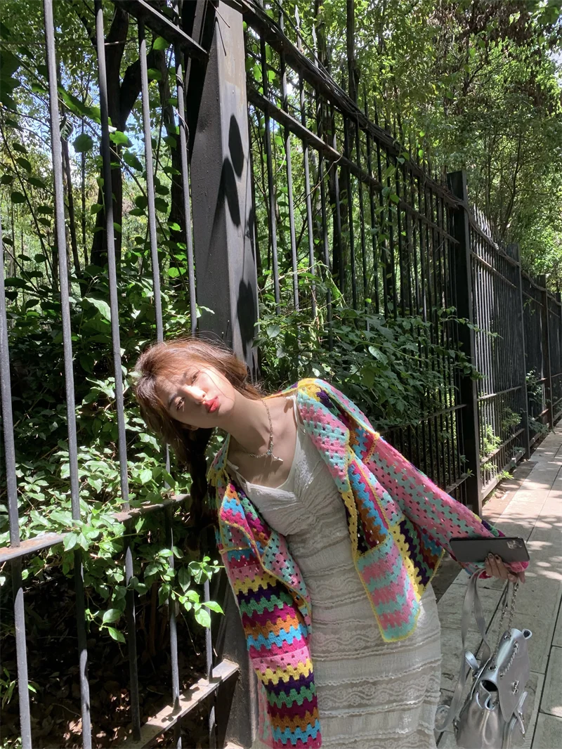 SALIENCY Colorful Crochet Knit Hollow Cardigan Sweater Jacket Women Spring Top Loose Short Knitwear