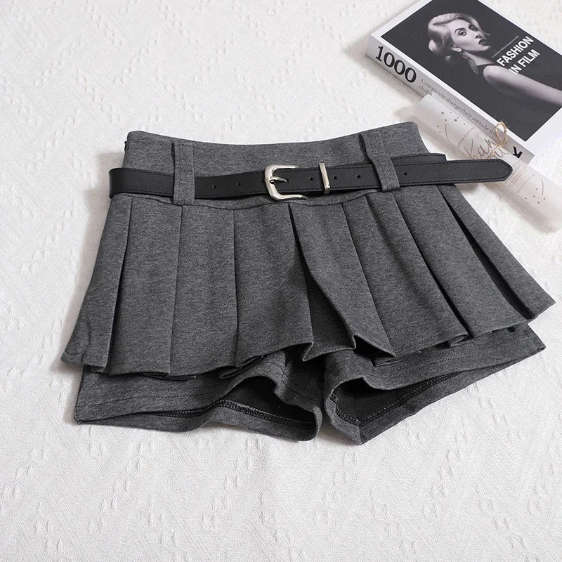 Kimotimo Womens Shorts Autumn Winter Belt High Waist Fluffy Pleated A-line Short Pants Korean Fashion Sexy Y2k All Match Clothes
