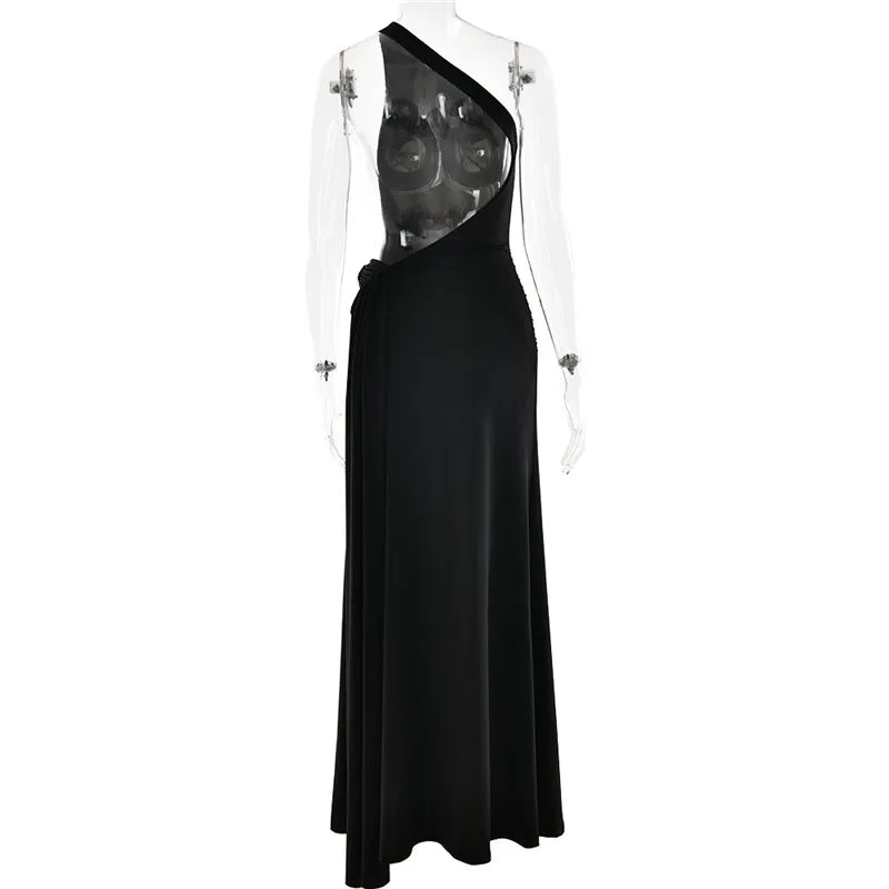 Sibybo Oblique Shoulder Sleeveless Ruched Maxi Dress For Women Gown Elegant Metal Rings Backless Bodycon Long Dresses Vestidos