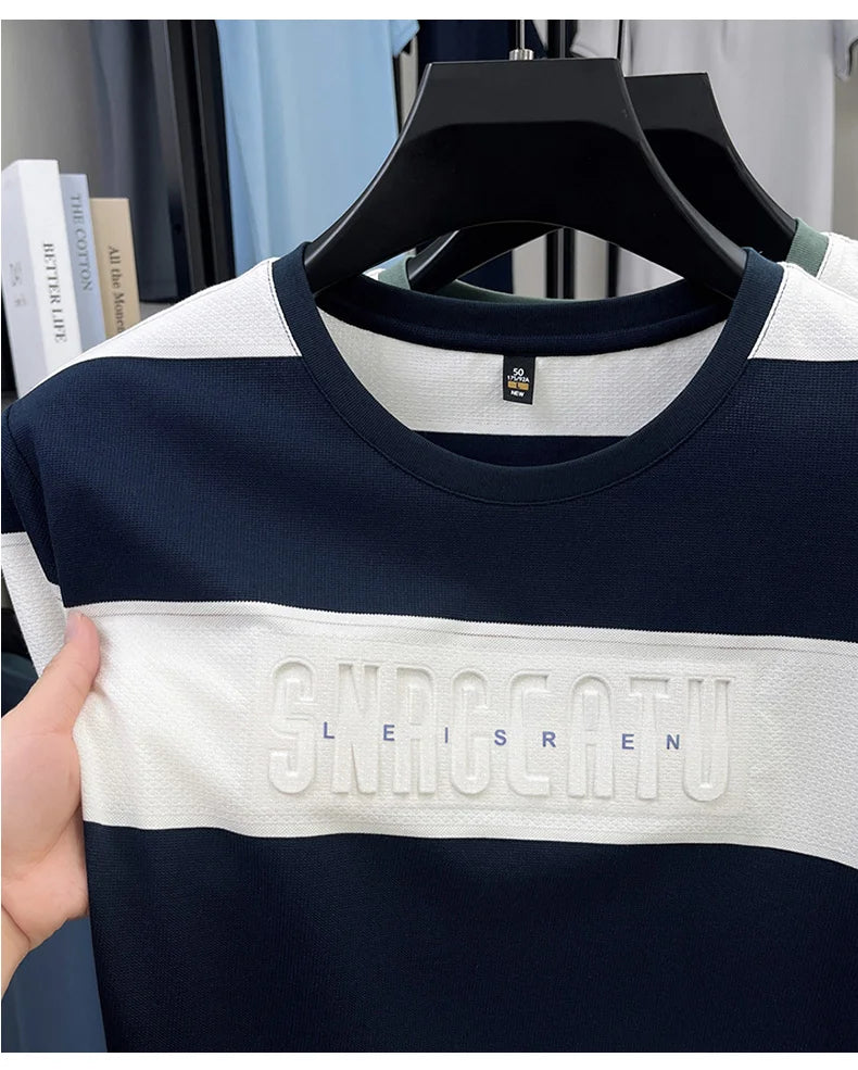 Top Grade Yarn Dyed Striped New Summer Tops Designer Round Neck Tshirt Men 2025 Brand Short Sleeve Casual Fashion Men Clothing
