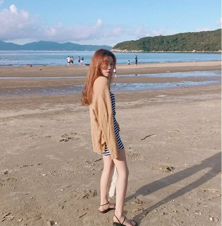 Women's Y2K Korean Cropped Cardigan - Loose Knit Summer Cover-Up for Beach Outfits & Casual Layers