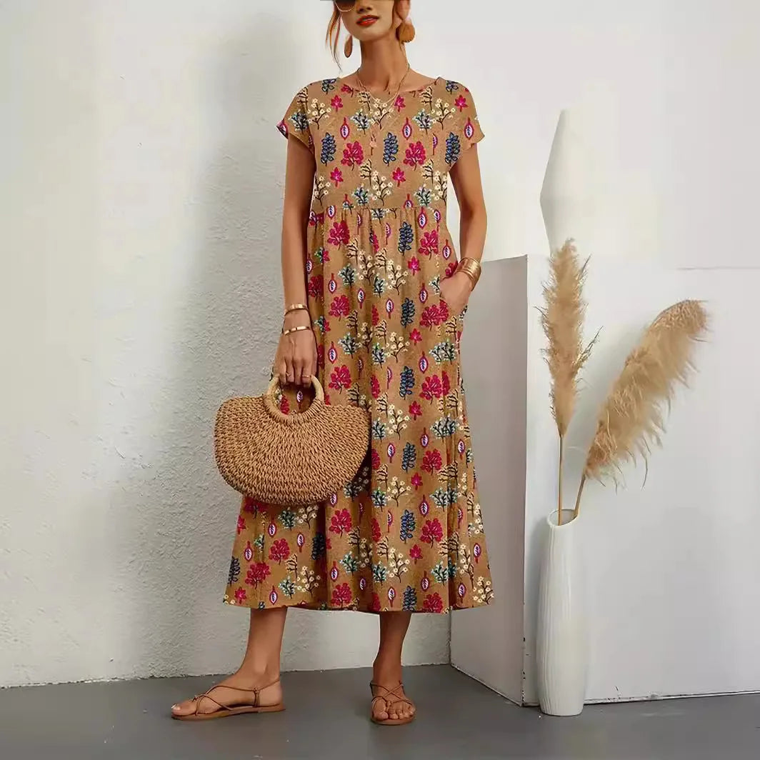Fashion Women's Cotton and Linen Dress, Round Neck Printed Short Sleeved A-line Maxi Skirt, Unique Floral Long Dresses Vestidos