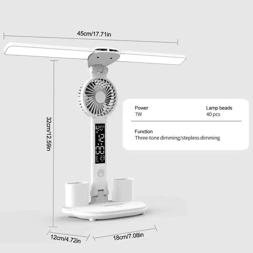 Rechargeable Table Lamp for Study, Desk Lamp Reading Light Led Table Light with Fan, Led Clock Dispaly Reading Lamp