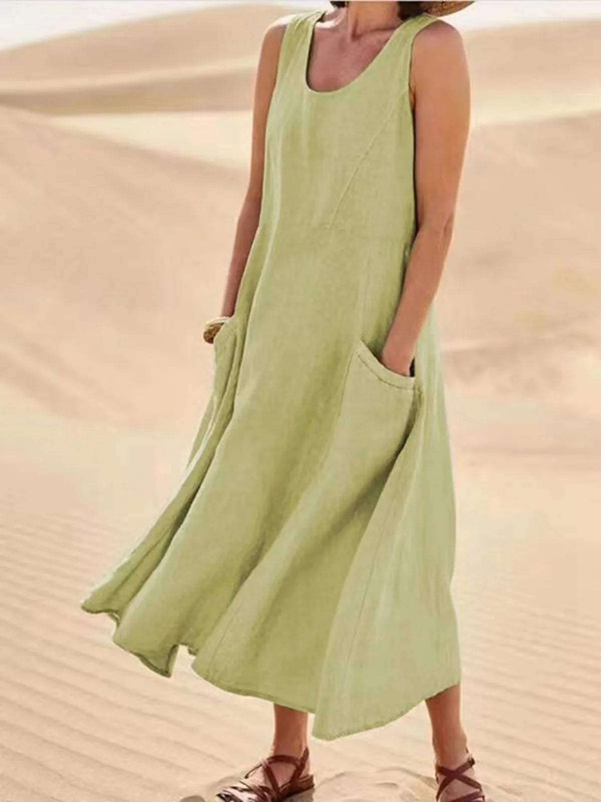 Chic Women Coton Linen Sundress Summer Female Sleeveless Double Big Pocket Loose Sand Beachwear Long Dress Oversized Vestidos