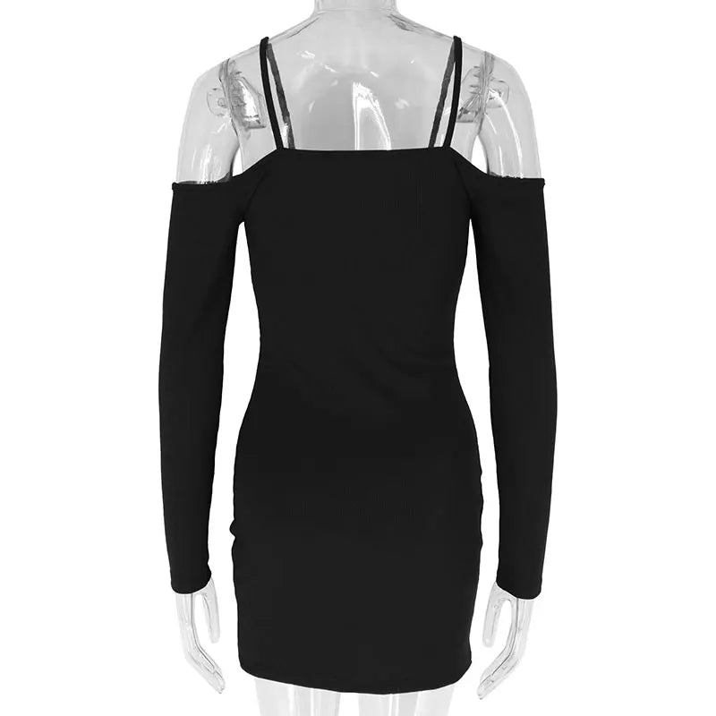 Black Sexy Mini Dresses Women Autumn New Streetwear Fashion Long Sleeves Lace-up Casual Slim Dress Off Shoulder Backless Dresses