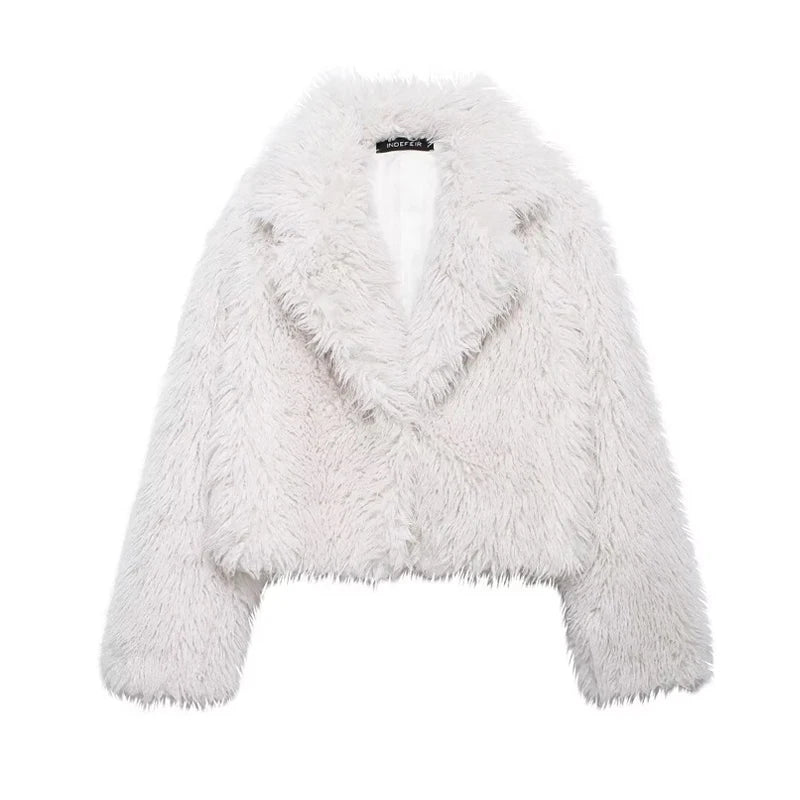 Koekop Women's Fashion Burgundy Asymmetric Thick Collar Fur Coat Vintage Casual Chic Temperament Lady Short Jacket