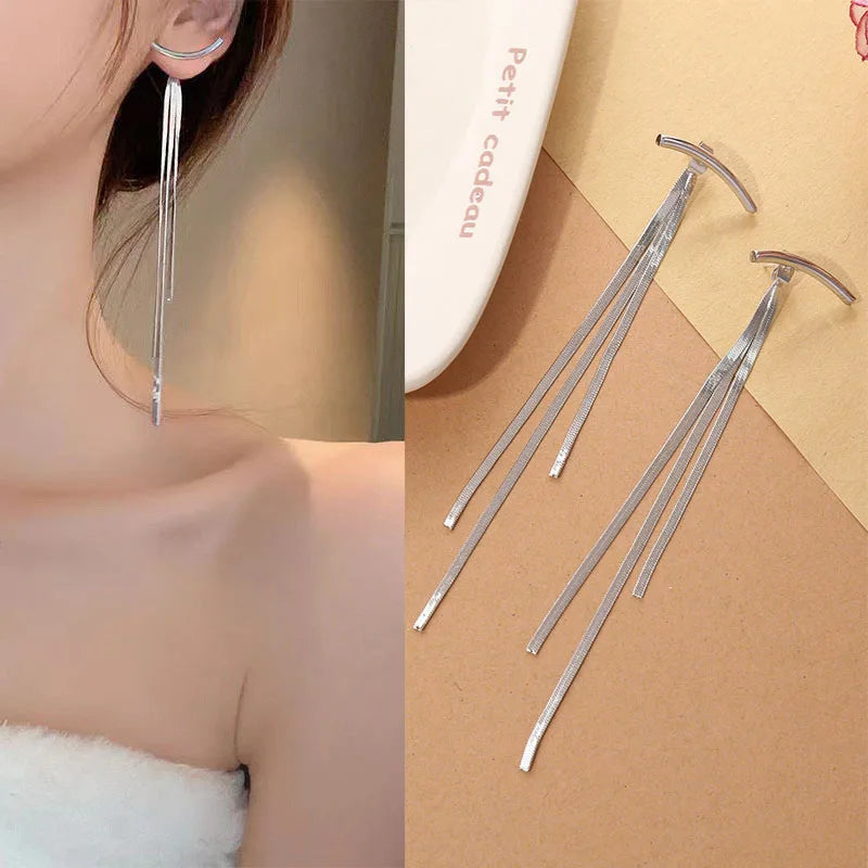 925 Silver Needle Korean Fashion Long Chain Tassel Earrings For Women Metal Earing Jewelry 2025 Trending Women's Drop Earrings