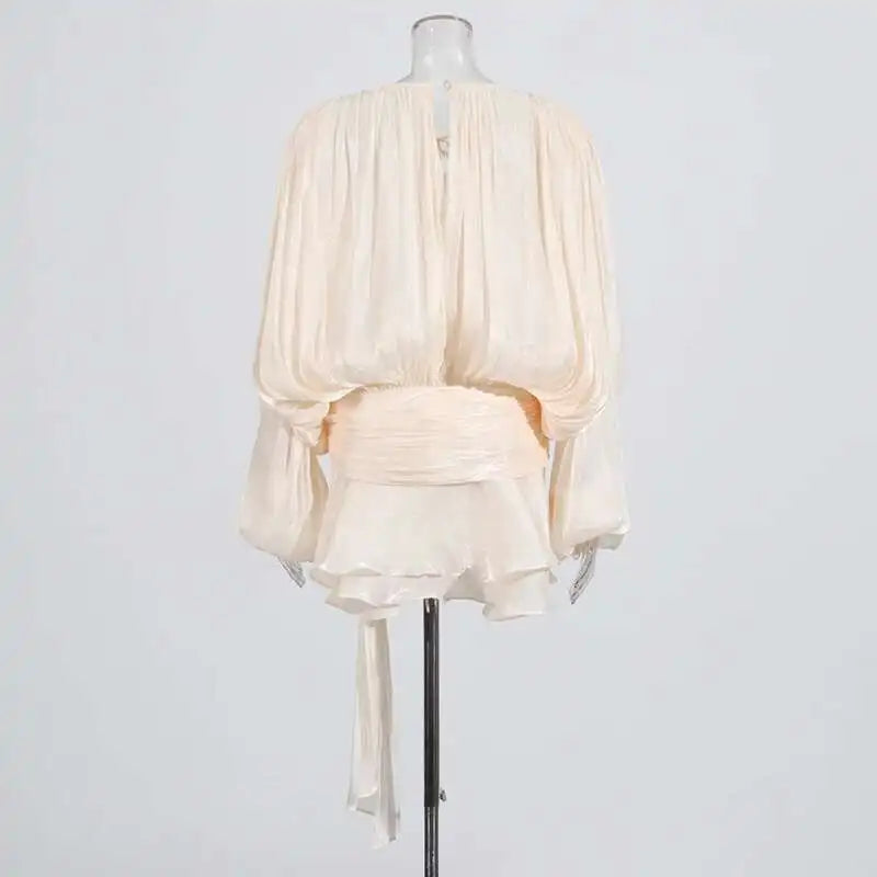 TWOTWINSTYLE Solid Blouse Mini Dresses For Women V Neck Long Sleeve Spliced Lace Up Sweet Style Dress Female Clothing Fashion