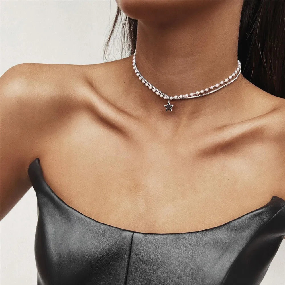 Boho Fashion Multilayer Gold-plate Artificial Pearl Crystal Chain Necklace For Women Female Vintage Star Sequin Pendant Jewelry