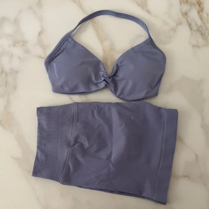 Gym Set Women Two Piece Strappy Yoga Bra Top Workout Scrunch Shorts Suit Fitness Clothes Seamless Sportswear Workout Set