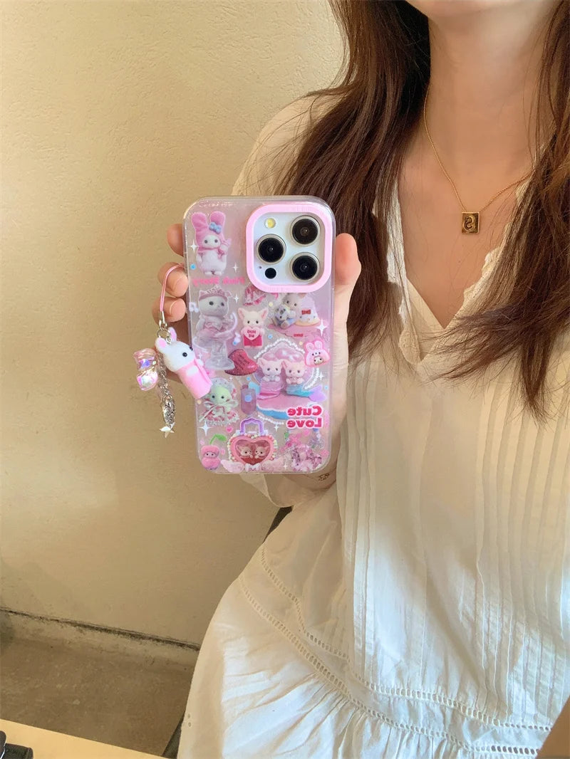 高級レーザーレインボーキュートピンクハートラブキャット漫画電話ケース iPhone 12 13 14 15 16 Pro Max Y2k 3Dふわふわ猫人形ストラップ