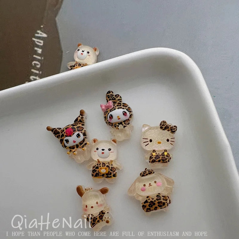 Sanrio Hello Kitty, Melody & Kuromi Cartoon Nail Accessories - 10PCS Cute Mini Resin Trinkets, Leopard & Maillard Print Pattern,