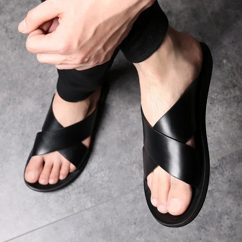 Sandals for Men Slippers Genuine Leather Luxury Brand Fashion Men Flats Casual Non-slip Beach Sandalia Zapatos Hombre 2024