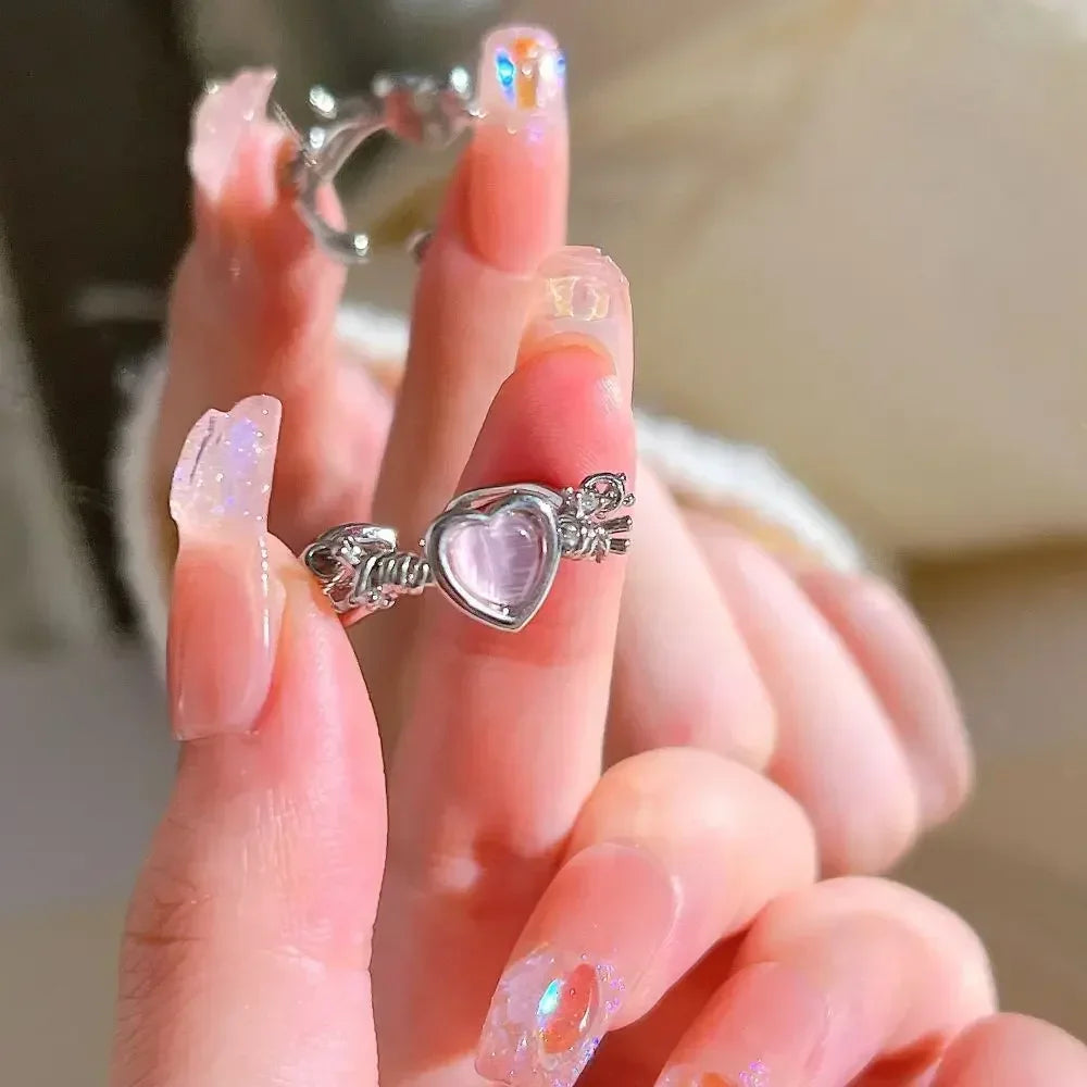 Adjustable Crystal Rings Y2K Pink Irregular Geometry Vintage Bowknot Heart Ring Set for Women Girl 2023 New Fashion Jewelry Gift