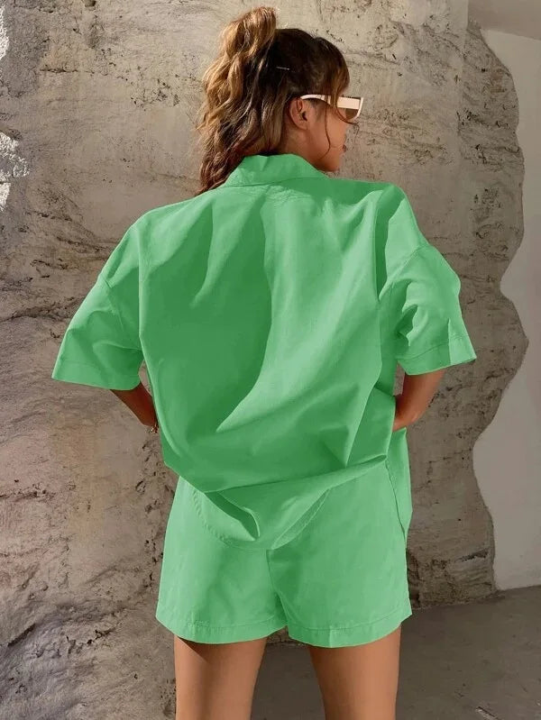 Long Sleeve Single breasted Top Broad legged Shorts Set Fashion Ladies Sexy Solid Suits 2024 Summer 2 Piece Outfits For Women