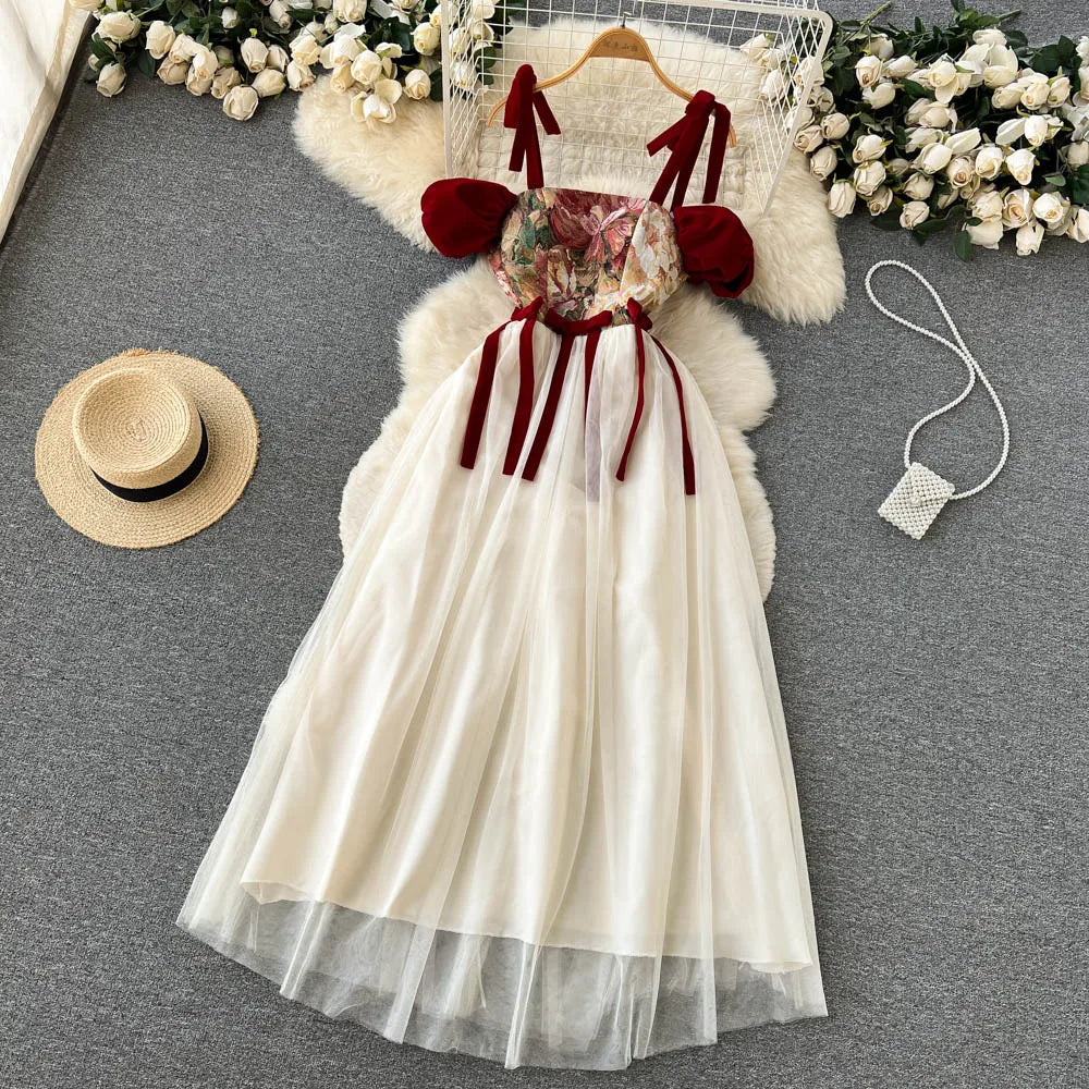 France Vintage Bow Mesh Wedding Runway Party Dresses Women Summer Fashion Elegant Strap Graduation Evening Vestidos Ladies Robe