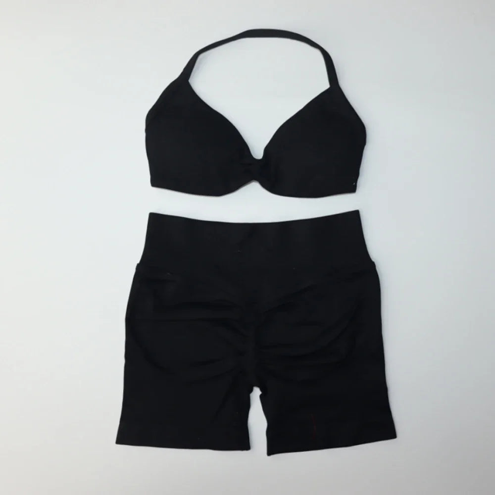 Gym Set Women Two Piece Strappy Yoga Bra Top Workout Scrunch Shorts Suit Fitness Clothes Seamless Sportswear Workout Set
