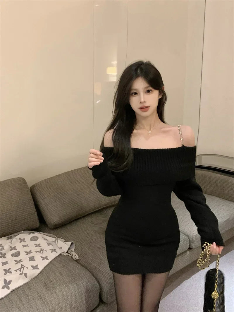 夏のセクシーでエレガントなニットワンピース レディース オフショルダー ボディコン ミニドレス 韓国風 長袖 パーティードレス スラッシュネック