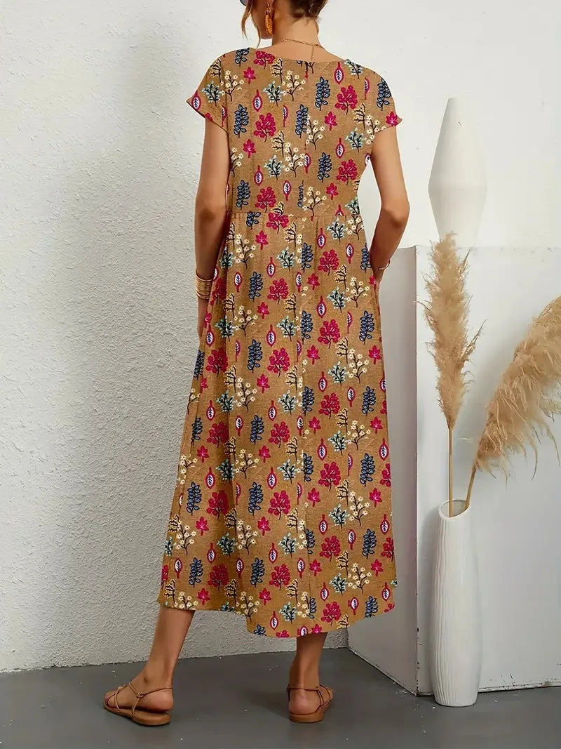 Fashion Women's Cotton and Linen Dress, Round Neck Printed Short Sleeved A-line Maxi Skirt, Unique Floral Long Dresses Vestidos
