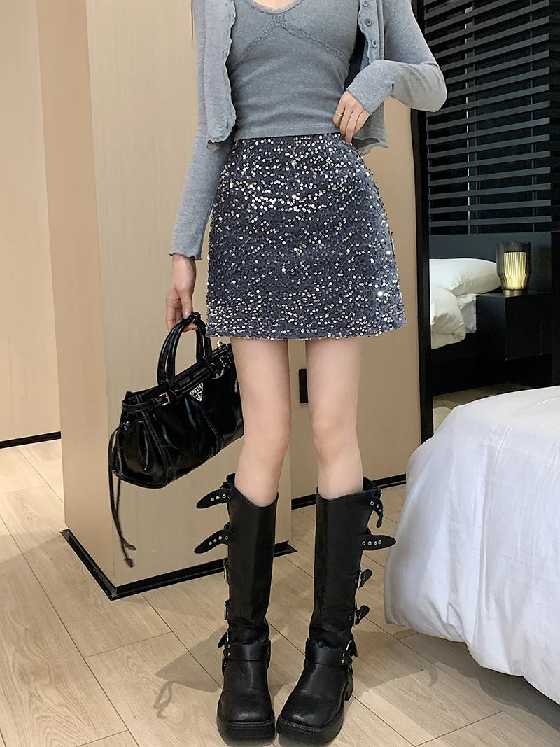 High Waist Sequined Casual A Line Skirts Women 2025 Elegant Korean Fashion Y2k Clothes Sweet Kawaii Black Micro Skirt Harajuku
