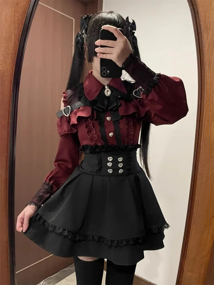 Kawaii Off Shoulder Long Sleeve Shirts Women Black Short Skirt Set Y2K Gothic Ruffle Skirts Lace Lolita Shirt Gown Suit 