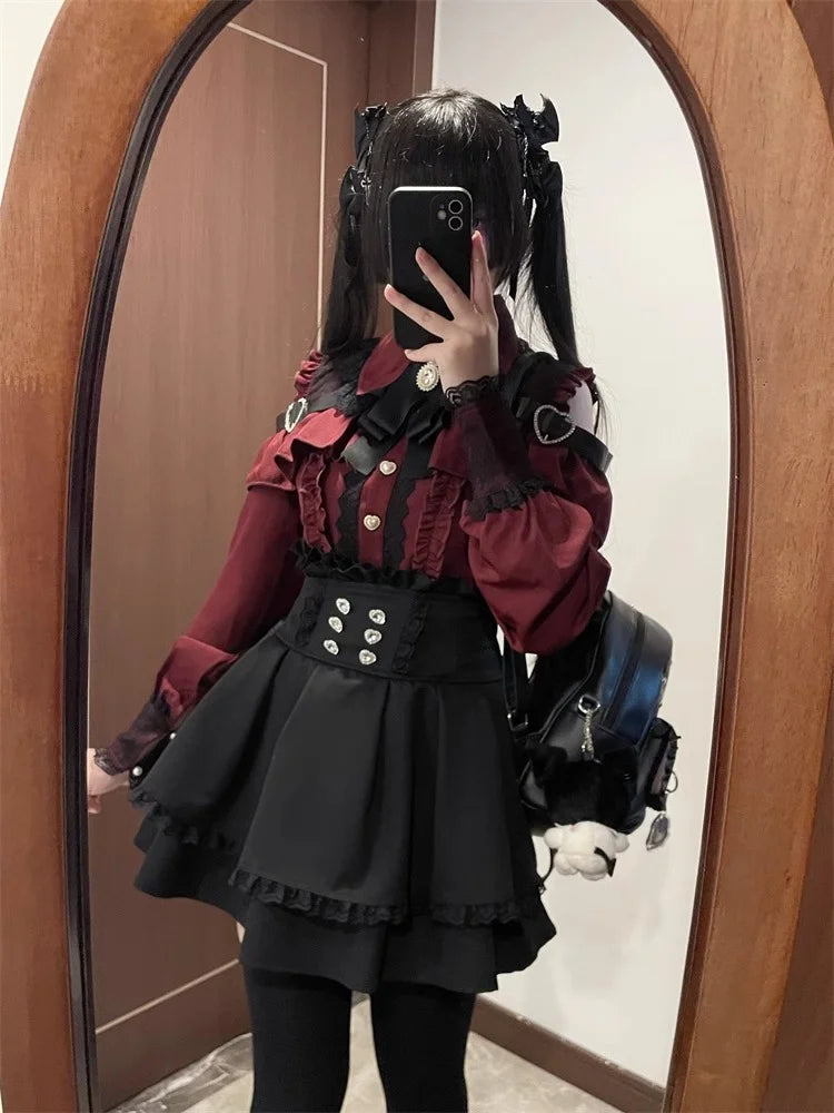 Kawaii Off Shoulder Long Sleeve Shirts Women Black Short Skirt Set Y2K Gothic Ruffle Skirts Lace Lolita Shirt Gown Suit 