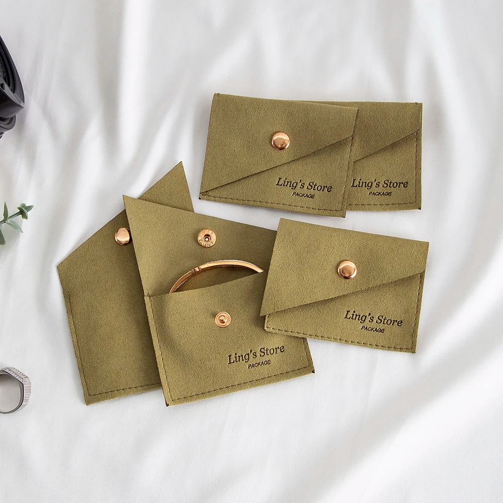 100Pcs Luxury Dark Green Microfiber Gold Snap Bag Envelope Button Purse Pouch For Ring Earrings Headset Coin Soap Gift Organizer