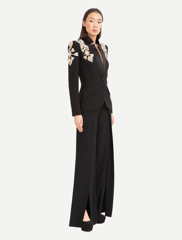 HIGH STREET Newest 2024 Designer Suit Women Beaded Diamonds Stand Collar Single Button Blazer Wide-leg Pants Set 2PCS
