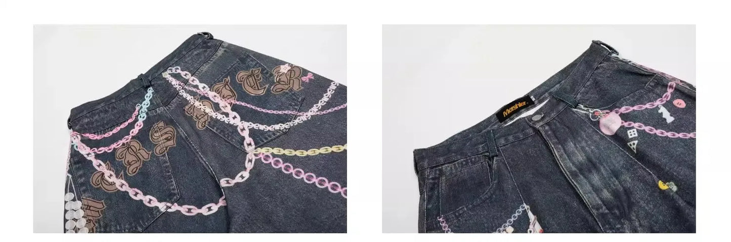 Chain Print Blue Jeans orts Men's Summer Loose Straight Leg Seven-Foot Pants Casual High Waist Corduroy Youth Faion