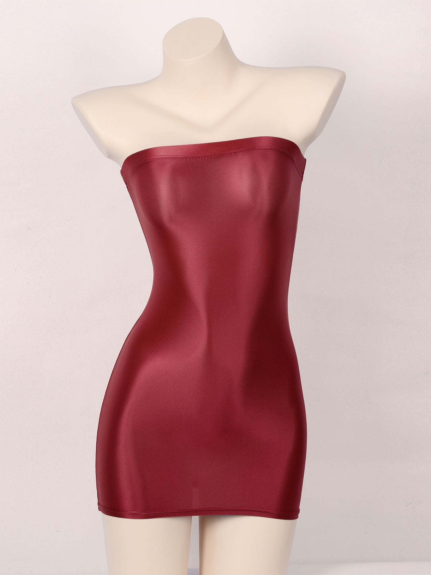 Sexy Women Oil Glossy Sheer Bodycon Dress Females See Through Strapless Pencil Dress Smooth Tight Mini Dress Clubwear