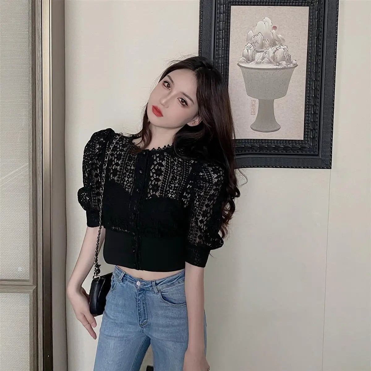 Woherb Sweet Crochet Top Blouse Women Sexy Hollow Out Shirt Vintage Puff Sleeve Korean Shirts Fashion Chic Tops Blusas