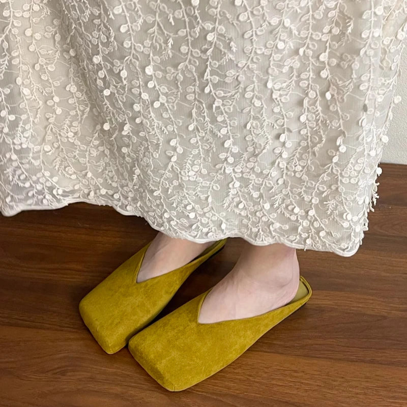 Flats Women Square Toe Slippers Designer Shallow Mule Shoes 2025 Summer New Casual Shoes Fad Brand Walking Soft Femme Chaussures