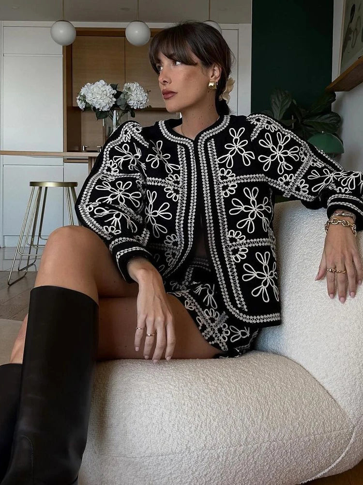 Fashion Floral Printing Cardigan Bomber Jacket For Women 2024 Autumn Round Neck Long Sleeve Coats Lady Elegant Street Outerwear