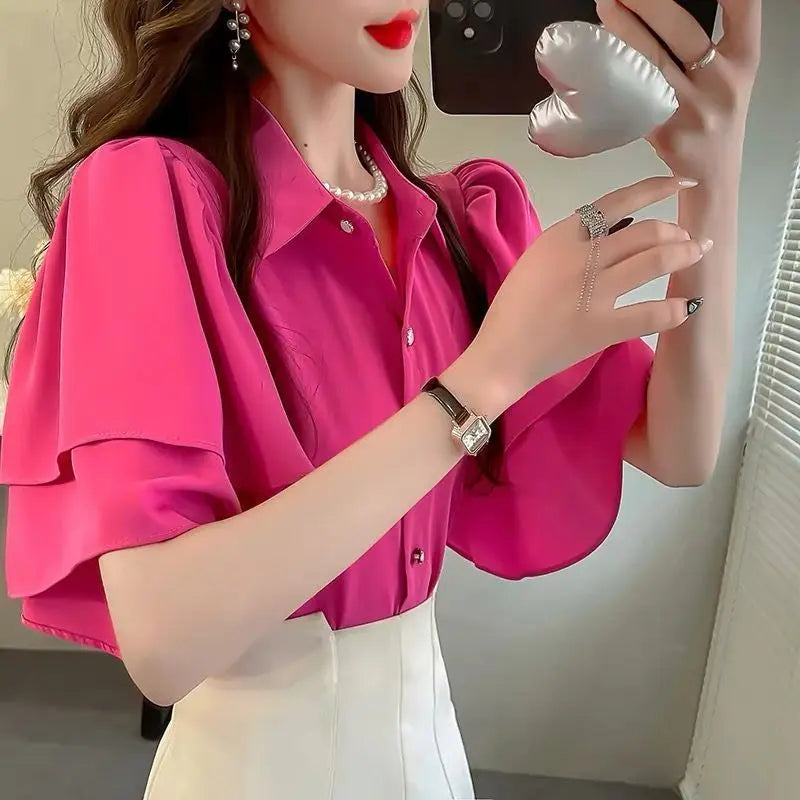 French Lady's Summer Loose Shirt Women's New Loose Blouse Solid Color Ruffle Short Sleeve Chiffon Top